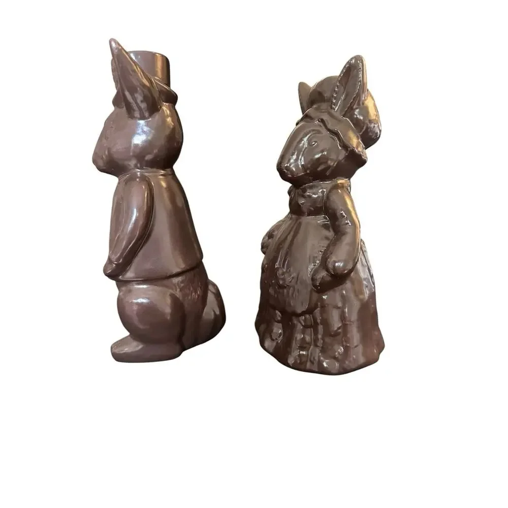 Mr. & Mrs Bunny Brown Faux Chocolate Easter Bunnies Rabbits Ceramic Figurines 7”